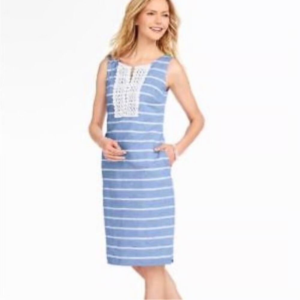 NWT TALBOTS Blue & Wht Strpd Linen Sleeveless Mid Length Lined Sheath Dress Sz 6